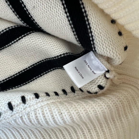 La Ligne Marine Mockneck Cream & Navy Stripe Blanket Stitch Merino Wool Sweater - Picture 6 of 6